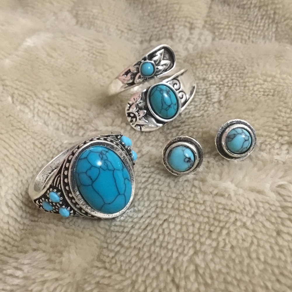 Silver Turquoise Ring Earrings Jewelry Set Fashion Jewelry